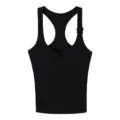 Black ribbed modal racerback tank top for women, featuring chest pads and stylish button detail. - L / Tops / Paper Black
