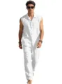 Men summer white sleeveless linen shirt and pants casual suit, breathable solid color outfit. - S / Top And Bottom / White