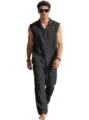 Men summer casual sleeveless shirt and long linen pants solid color two piece set - S / Top And Bottom / Black