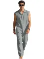 Mens summer casual sleeveless linen shirt and long pants matching set in solid grey color. - S / Top And Bottom / Gray