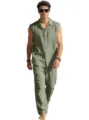 Men's summer sleeveless linen shirt and pants set casual solid lapel two-piece outfit - S / Top And Bottom / Army Green