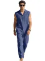 Men's Summer Casual Solid Color Linen Sleeveless Shirt and Pants Set Blue Variant Style - Navy Blue