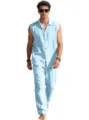 Men summer light blue sleeveless linen shirt and pants casual suit, comfortable beach wear. - Light Blue