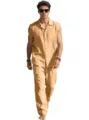 Men's Summer Casual Linen Sleeveless Shirt and Pants Set Solid Color Lapel Outfit - Earthy Yellow