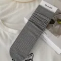 Grey striped cotton crew socks for women, spring summer basic Japanese slouch socks. - One Size / Medium Grey - Pink Thin Stripes