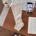 Women spring summer ballet style hollow out stirrup leg warmers casual beige knit long socks - Hollow-out Stirrup / Oatmeal