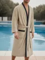 Heren beige gestructureerde badstof badjas met zwarte bies en ceintuur voor comfort. - XL / Badjas (DF-148) / Khaki