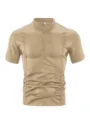 Polo casual de manga corta para hombre con cuello mao, elegante y cómodo top de verano. - Caqui