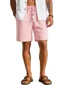 Men pink cotton linen casual shorts, loose fit summer beach drawstring shorts for men. - S / Pink
