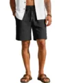 Men's Black Cotton Linen Casual Beach Shorts with Drawstring and Elastic Waistband - S / Black