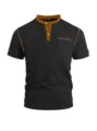 Men's short sleeve color block henley shirt casual slim fit black tee with chest pocket. - S / Black