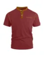 Men's short sleeve color block henley shirt maroon with yellow trim pocket casual top - S / Burgundy
