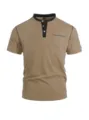 Men's Casual Short Sleeve Henley T-Shirt Khaki Contrast Color Summer Polo Top - Heather Camel