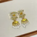 Boucles d'oreilles pendantes dorées de style vintage français avec strass et cristaux. - Boucles d'oreilles Œil maléfique en strass blanc Z-3536 (tiges en argent S925)