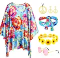 Set completo costume hippie con poncho tie-dye, corona di fiori e gioielli peace - Taglia unica / Set / Azzurro