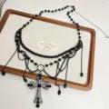 Gothic cross beaded waist chain detail, vintage multi-layer black necklace for women. - Black