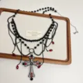 Retro multi-layer cross pearl waist chain, gothic rhinestone necklace, sweet cool dress accessory. - Red
