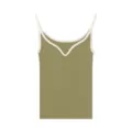 Green ribbed camisole with white contrast trim, sleeveless V-neck knit tank top for women. - One Size / Fresh Tea Green