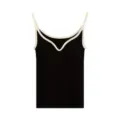 Women black ribbed camisole with white contrast trim V-neck slim fit tank top casual basic - One Size / Deep Black