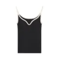 Black ribbed knit camisole with contrast white trim, seamless stretchy tank top with built-in pads. - One Size / Dark Jade Gray