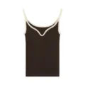 Stylish ribbed knit camisole tank top with contrast trim, comfortable sleeveless top for women. - One Size / Honey Brown