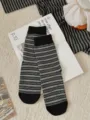Women black grey striped mid-calf socks casual cotton daily wear autumn fashion hosiery - One Size / Black Base with White Stripes