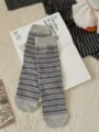 Japanese style women striped mid-tube socks, comfortable cotton grey socks for early autumn. - One Size / Light Grey with Royal Blue Stripes