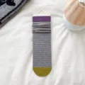 Women cotton striped mid tube slouch socks, purple cuff and olive green toe variant. - Mustard Green Toe and Purple Cuff