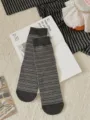 Women's striped mid-tube socks cotton casual Japanese slouch socks early autumn style. - One Size / Dark Grey with Red Stripes