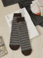 Brown striped mid-calf socks for women, cute cotton daily wear casual fashion hosiery. - One Size / Coffee with Blue Stripes
