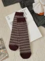 Women striped mid-calf socks, cozy cotton knit casual daily wear autumn fashion hosiery. - One Size / Berry with Orange Stripes