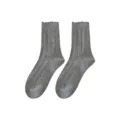 Grey cotton mid tube socks for women with cute lettuce edge and ribbed texture design. - One Size / Light Heather Gray