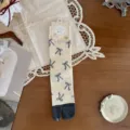 Korean style vintage split toe socks for women with cute bow pattern, beige mid tube daily wear. - One Size / Beige Bow