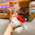 Fluffy white puppy plush keychain with red beret and sunglasses bag charm cute toy gift. - Westie Dog Style