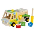 Jouet de camion poubelle de montage DIY en bois avec des vis et blocs de forme pour enfants - Camion poubelle à visser - Jaune