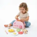 Wooden children's toy toaster play set with bread, cheese, egg, and kitchen accessories. - Danish Toaster (Pink) 0.51kg