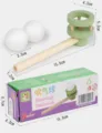 Wooden floating blow ball toy set with two balls and green holder, size specs display. - Macaron Green