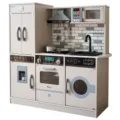 Ensemble de cuisine jouet en bois style coréen avec réfrigérateur, four et machine pour enfants - Cuisine enfant style crème coréen avec eau courante
