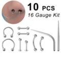 10 Stk. 16G Edelstahl Piercing Set Hufeisen Ring Labret Stecker Dehnstab Schmuck - 16G Schmuck