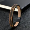 Men's retro feather embossed leather bracelet detail view with black magnetic clasp design - Style 4 / 19cm