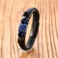 Men's braided leather bracelet with blue stone beads and stainless steel magnetic clasp. - 19cm / Lapis Lazuli