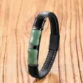 Vintage black leather and green jade bamboo beaded bracelet with stainless steel magnetic clasp. - 19cm / Pack / Green Aventurine