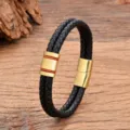 Bracciale da uomo in pelle intrecciata a doppio filo con chiusura magnetica in acciaio inossidabile - Stile 2 (Pelle Nera Chiusura Dorata) / 19cm