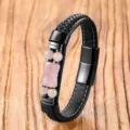 Detailed shot of men's vintage braided leather bracelet with pink crystal beads and clasp. - Rose Quartz
