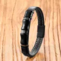 Black leather and metal bamboo bracelet close-up, punk style men jewelry detail view. - 19cm / Pack / Black Agate