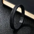 Retro feather embossed black leather bracelet for men with stainless steel magnetic clasp detail. - Black Leather Embossed Feather / 19cm