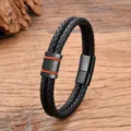 Bracciale in pelle intrecciata nera dettaglio uomo chiusura magnetica in acciaio vista - Stile 1 (Pelle Nera Anello Rosso) / 19cm