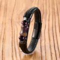 Men vintage braided leather bracelet with stainless steel magnetic clasp and crystal stone beads. - Purple Crystal