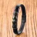 Close-up of black leather bracelet with retro stone bamboo beads and magnetic clasp detail. - 19cm / Pack / Indian Agate