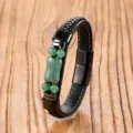 Close-up detail of vintage braided leather bracelet with green beads and steel magnetic clasp. - Green Aventurine